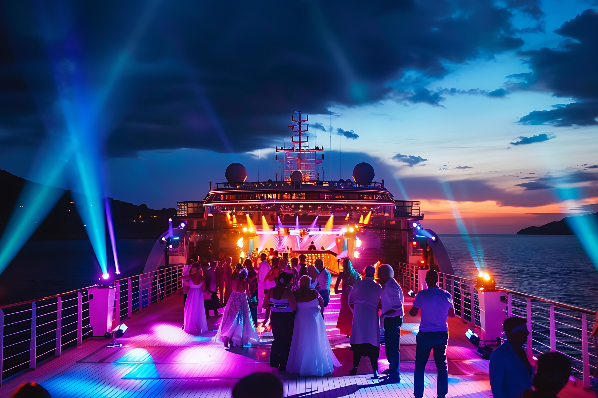Guests enjoying a nighttime party on a cruise ship deck with colorful lighting, showcasing onboard entertainment innovations featured in 2025 Cruise Trends.