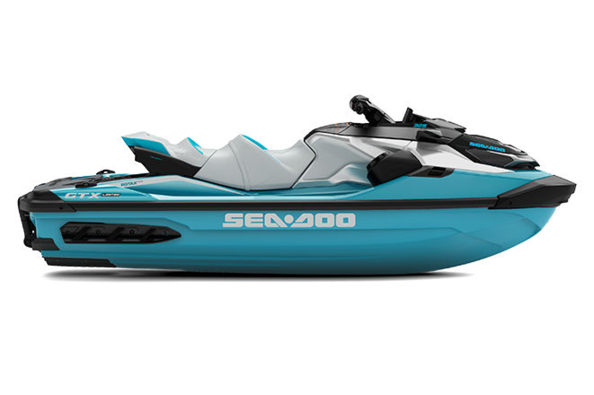Side view of the 2025 Sea-Doo GTX Limited 325 showcasing hull shape, seating layout, and Sea-Doo branding