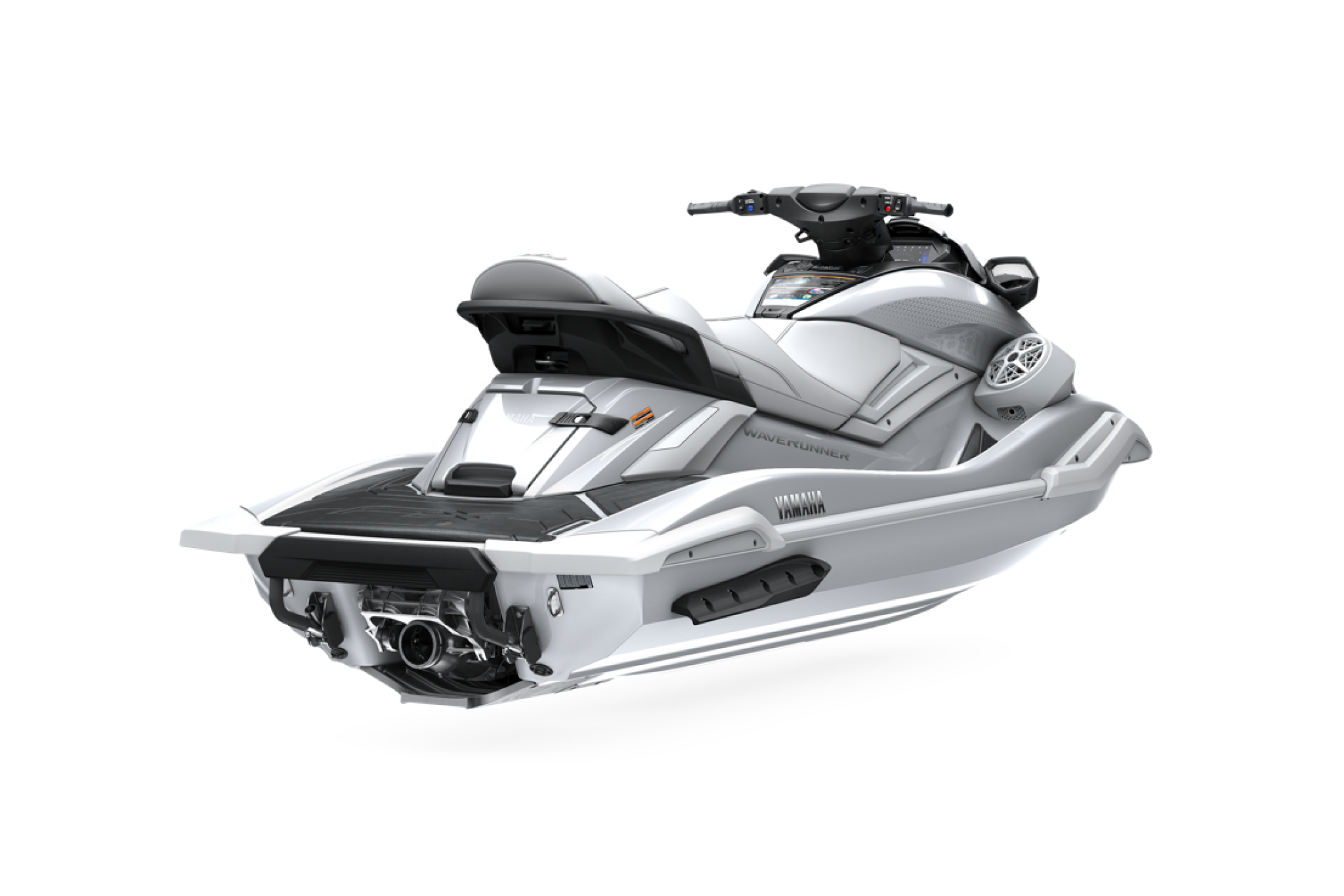 Rear view of the 2026 FX Cruiser SVHO, featuring the swim platform, jet pump system, and integrated reboarding design.