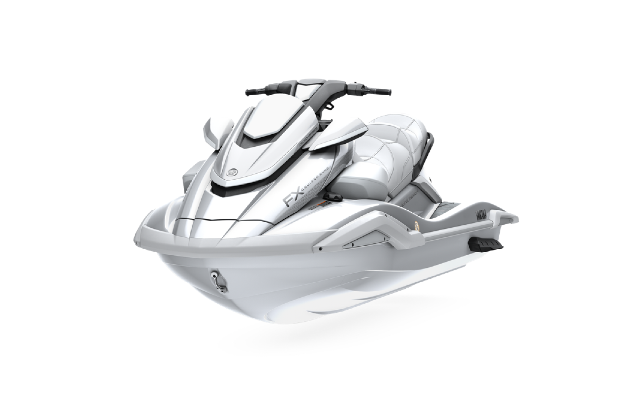 Front three-quarter view of the 2026 FX Cruiser SVHO, highlighting Yamaha’s aggressive styling, wide stance, and performance-oriented hull shape.