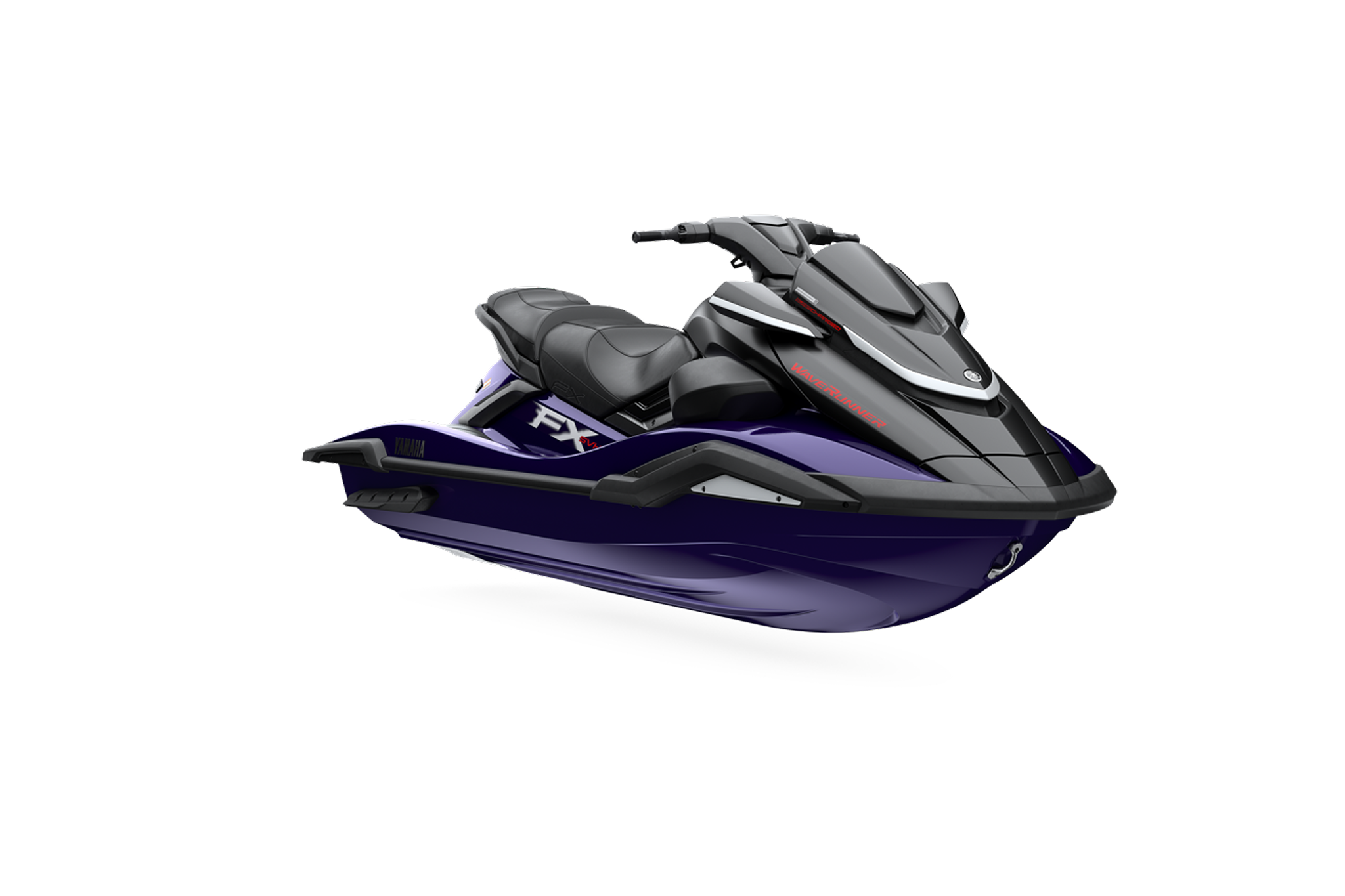 Front three-quarter view of the 2026 Yamaha FX SVHO, emphasizing its sharp WaveRunner styling, wide stance, and aerodynamic upper deck.