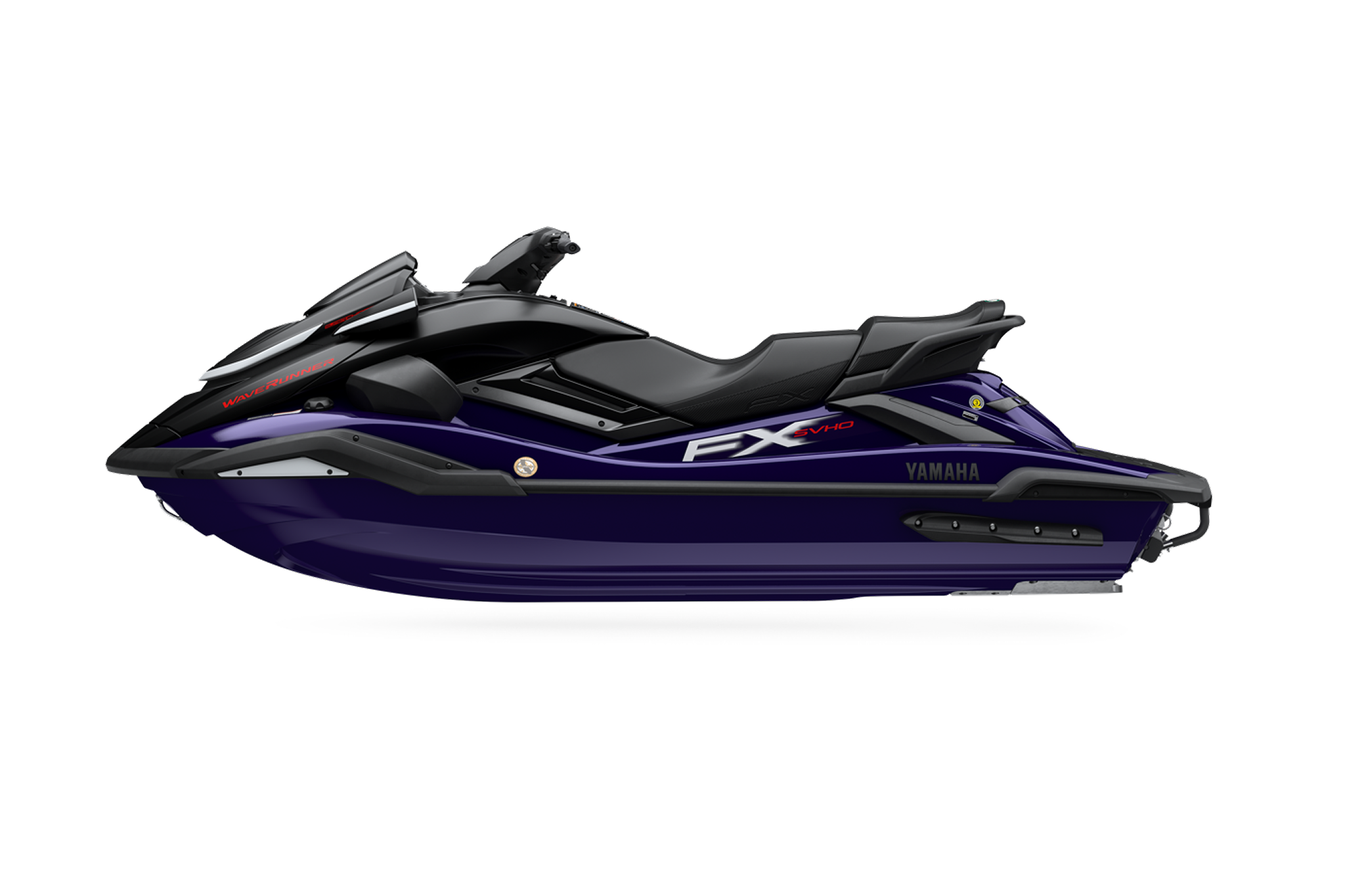 Side profile of the 2026 Yamaha FX SVHO, highlighting its long NanoXcel® 2 hull, three-passenger seating, and performance-focused design.
