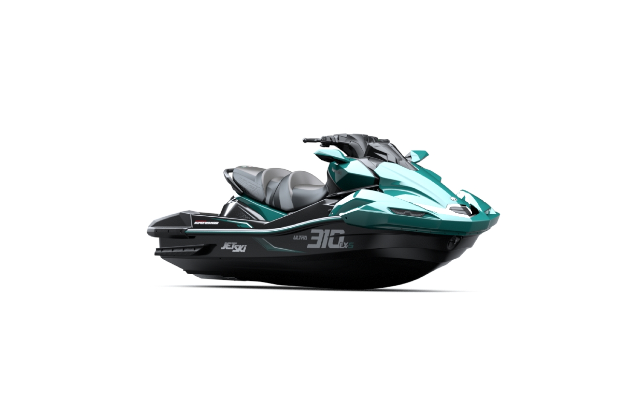 Front three-quarter view of the 2026 Kawasaki Jet Ski Ultra 310LX-S, emphasizing its sharp styling, wide stance, and aerodynamic upper deck.