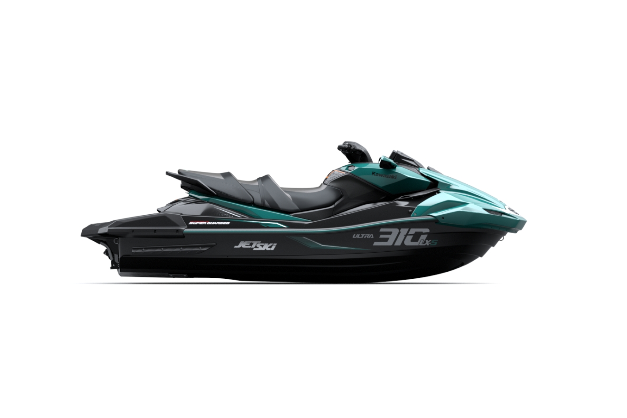 Side profile of the 2026 Kawasaki Jet Ski Ultra 310LX-S, showing the deep-V hull, three-passenger touring seat, and performance-focused design.