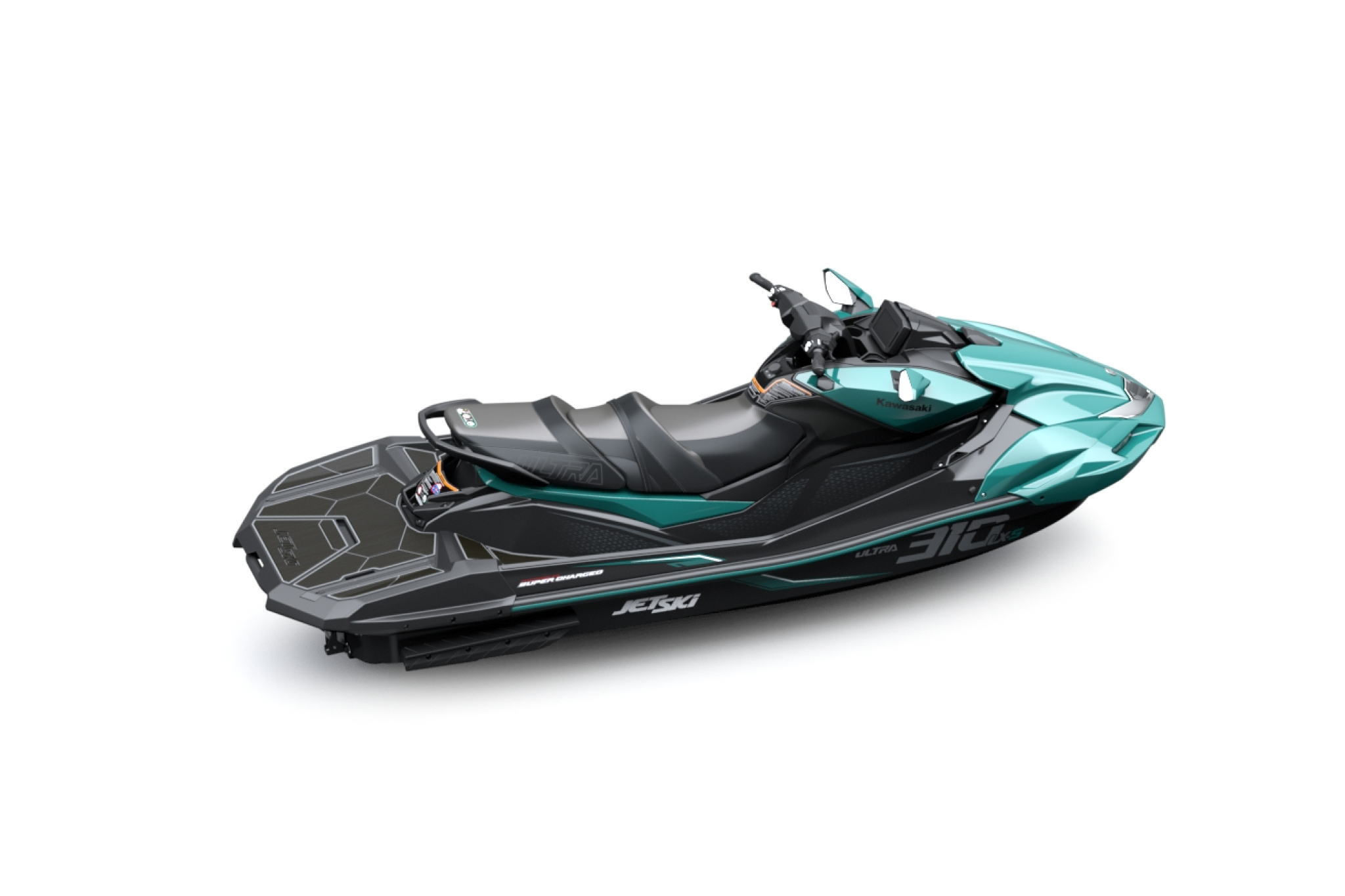 Rear three-quarter view of the 2026 Kawasaki Jet Ski Ultra 310LX-S, featuring the extended ULTRA Deck, reboarding area, and high-output jet pump.