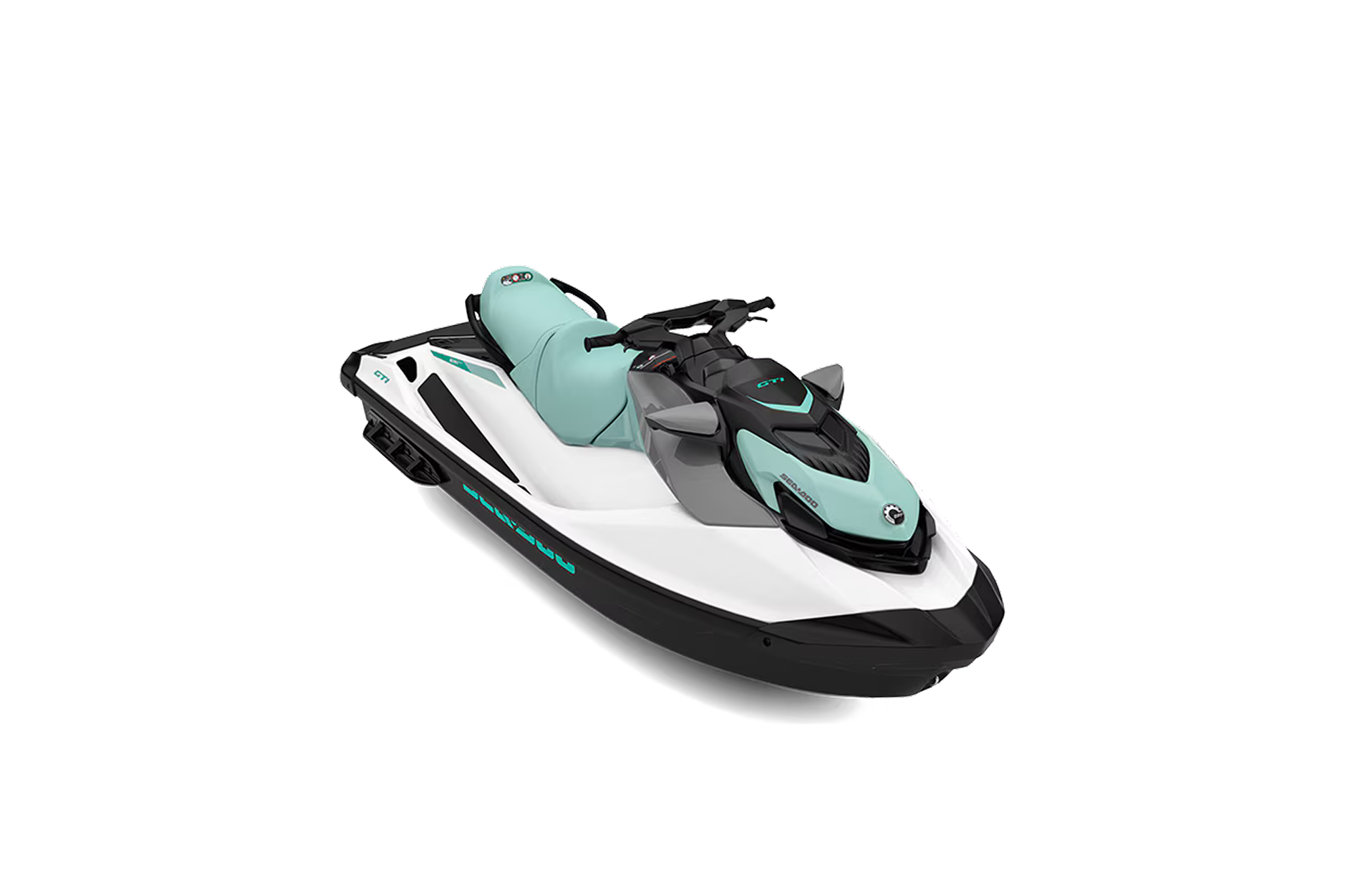 Three-quarter studio view of the 2026 Sea-Doo GTI, showcasing its clean design, wide stance, and family-friendly recreational layout.