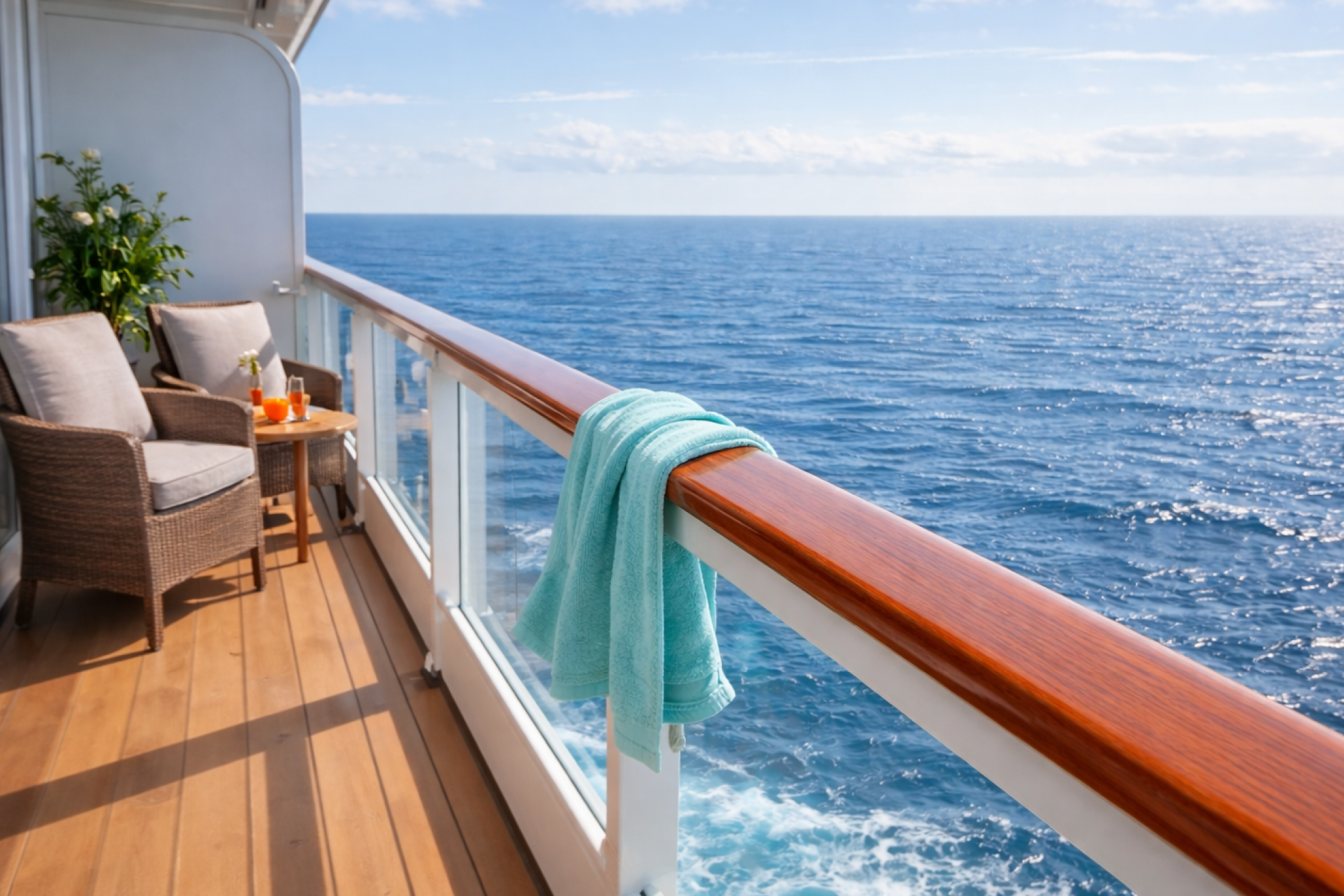 A towel draped over a cruise ship balcony railing, illustrating things you should never do in your cruise cabin because items can blow overboard.