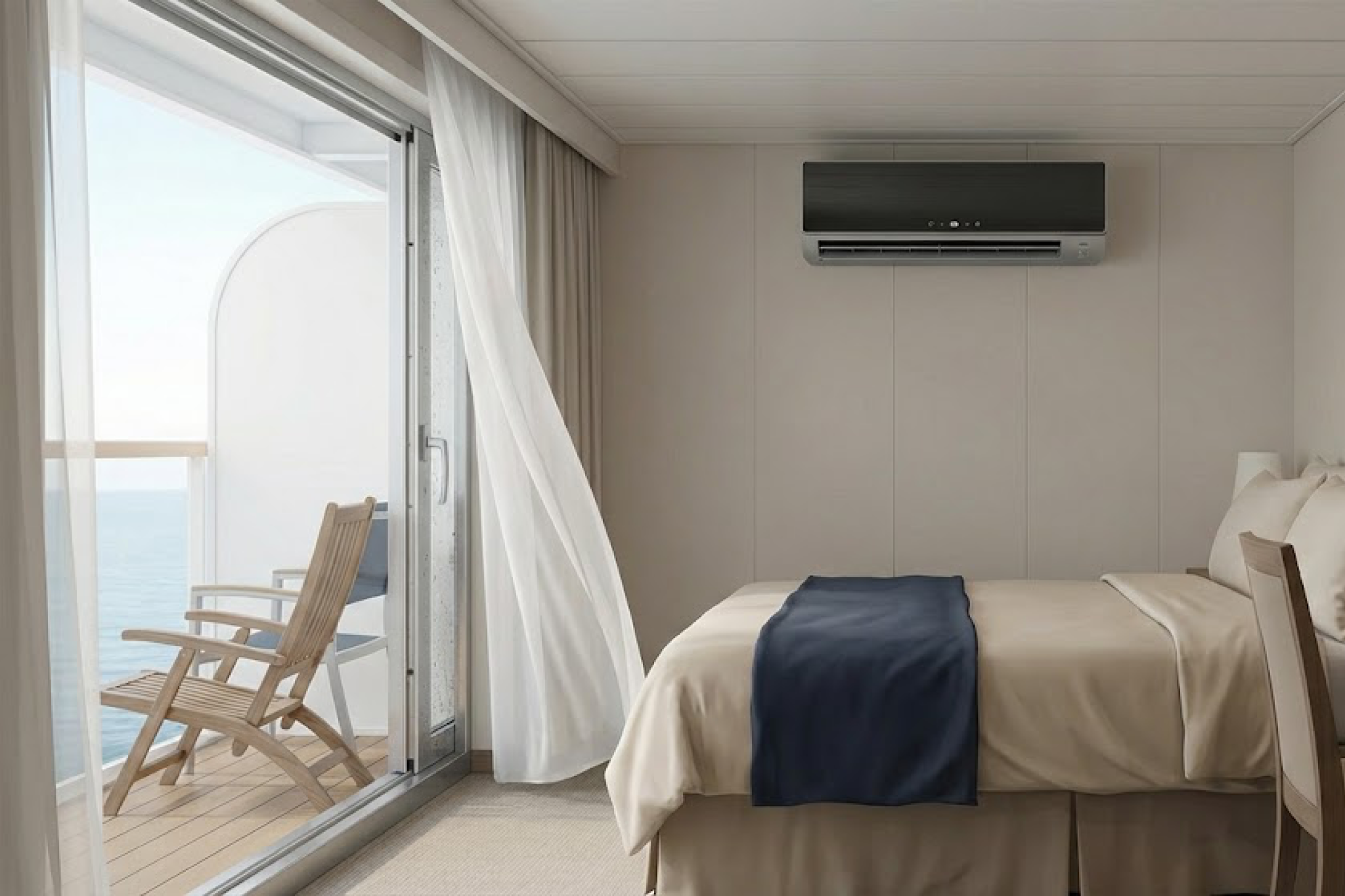 A cruise cabin with the balcony door left open, highlighting things you should never do in your cruise cabin as it disrupts air conditioning and humidity control.