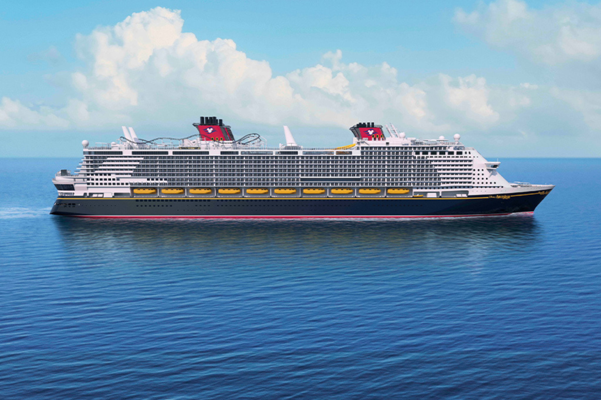 Major ocean cruise ships debuting in 2026 highlighted by Disney Adventure docked during construction, showing its massive hull, classic Disney cruise design, and scale as the largest ship ever built for Disney Cruise Line