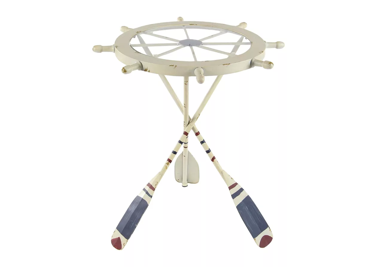 Bring the Coastal Charm Home with the Deco 79 Metal Round Accent Table with Oar Shaped Legs 1