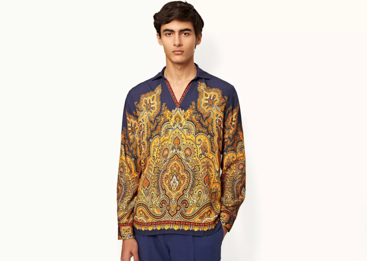 Orlebar Brown Lagoon Blue Mystique Paisley Relaxed Fit Classic Collar Open Placket Shirt 4