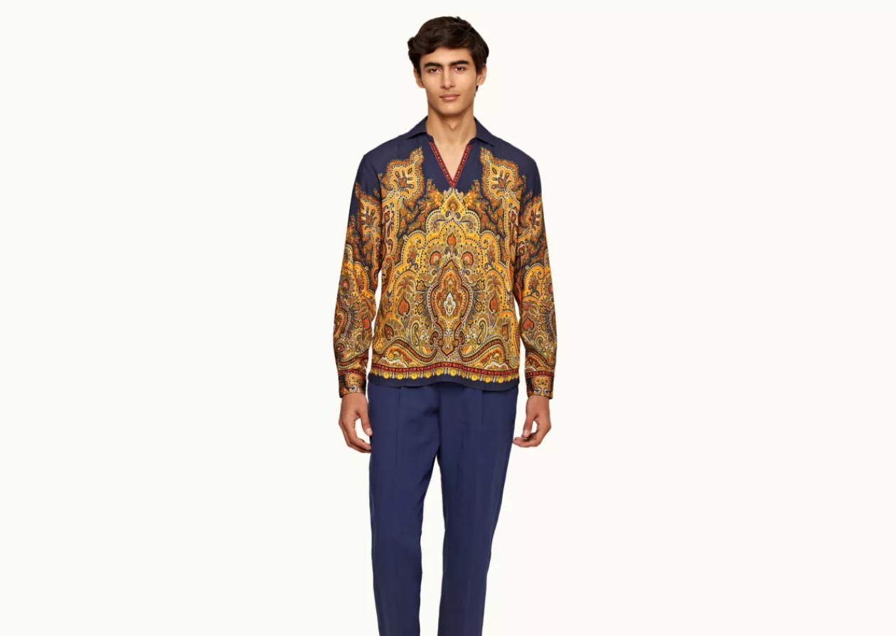 Orlebar Brown Lagoon Blue Mystique Paisley Relaxed Fit Classic Collar Open Placket Shirt