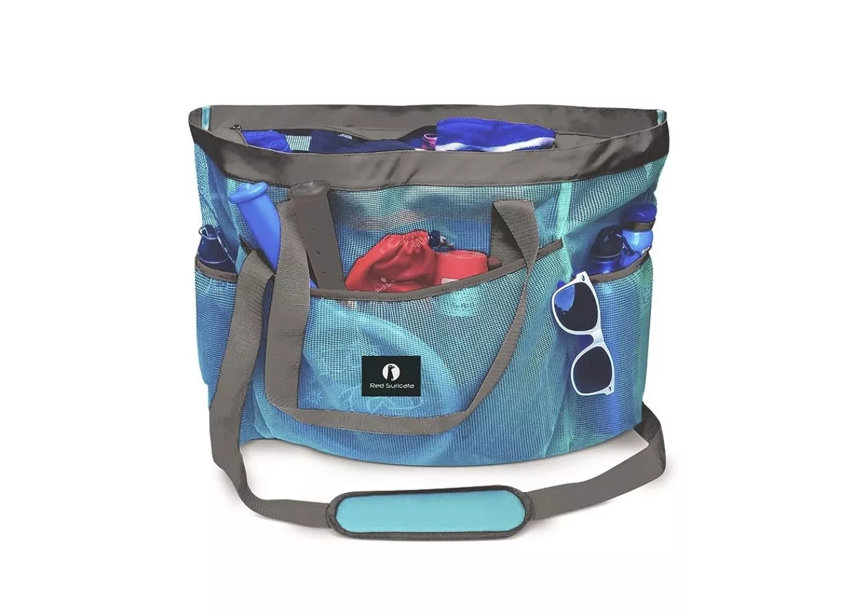 Red Suricata Mesh Beach Bag with Zipper 5