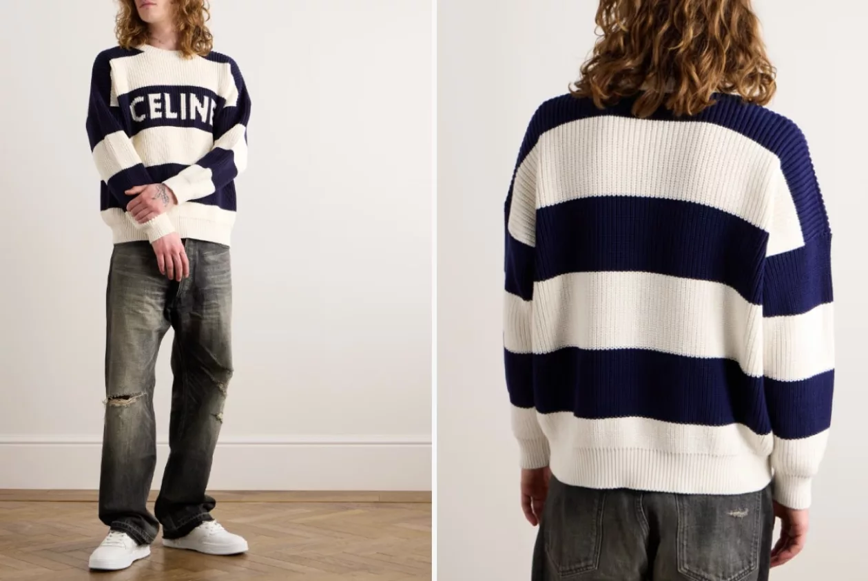 CELINE HOMME Logo Intarsia Striped Cotton Sweater 1
