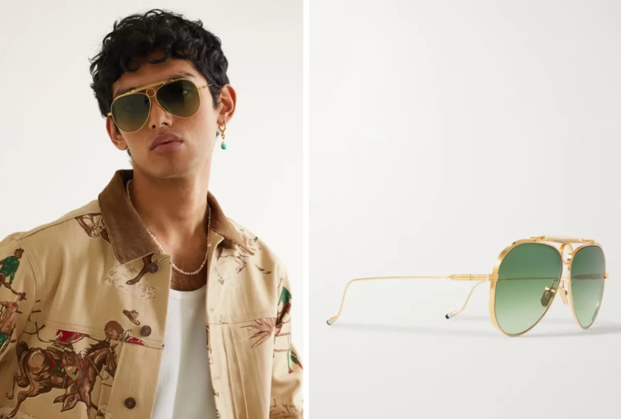 Jacques Marie Mage Diamond Cross Ranch Aviator Style Gold Tone Sunglasses
