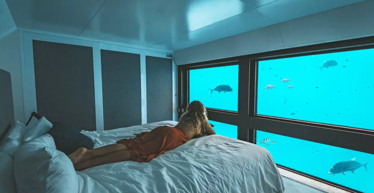 CWS Reefworld Reefsuites woman on bed looking out window at fish scaled