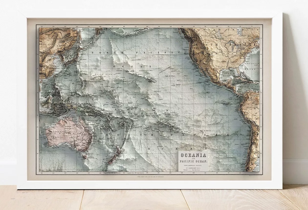PACIFIC OCEAN VINTAGE RELIEF MAP 1884 1