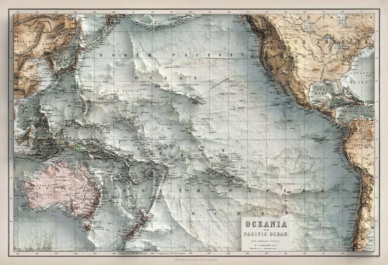 PACIFIC OCEAN VINTAGE RELIEF MAP 1884