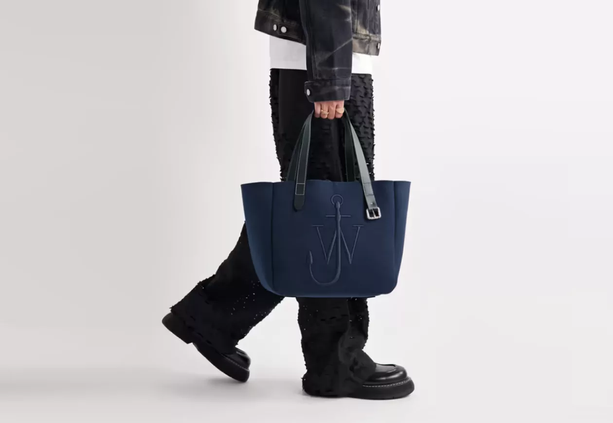 JW ANDERSON LOGO EMBROIDERED LEATHER TRIMMED FELT TOTE BAG NAVY 1