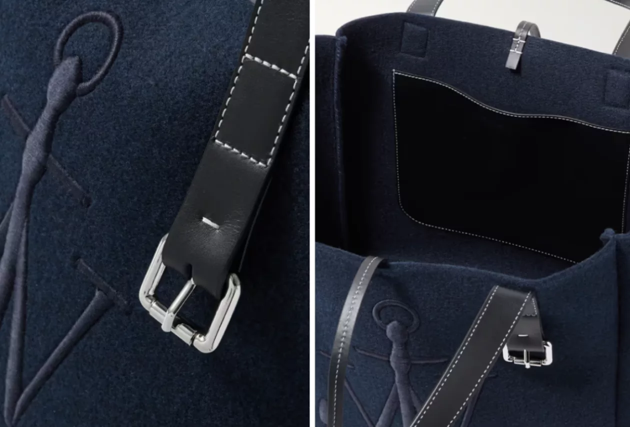 JW ANDERSON LOGO EMBROIDERED LEATHER TRIMMED FELT TOTE BAG NAVY 21
