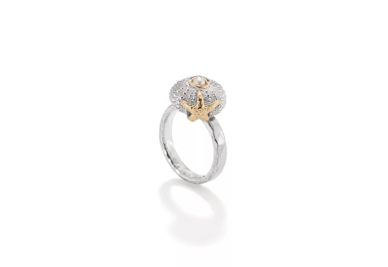 Sea Urchin Starfish Ring With Gold Pearl In Silver 1