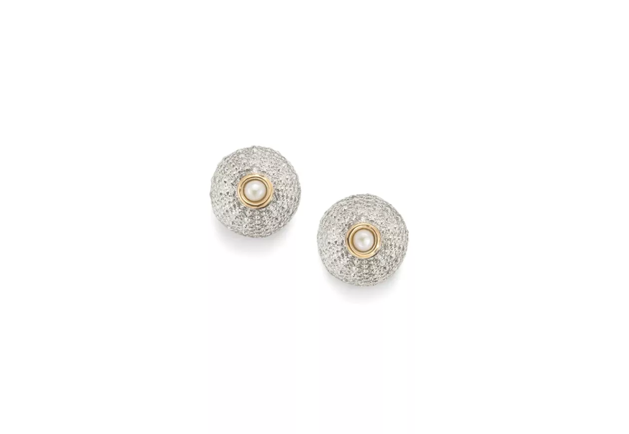 Sea Urchin Stud Earrings With Gold Pearl In Silver 1