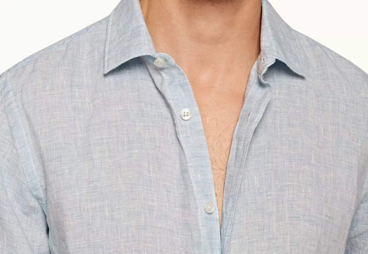 Orlebar Brown Giles Linen Pale Blue White Classic Collar Tailored Fit Linen Shirt 1