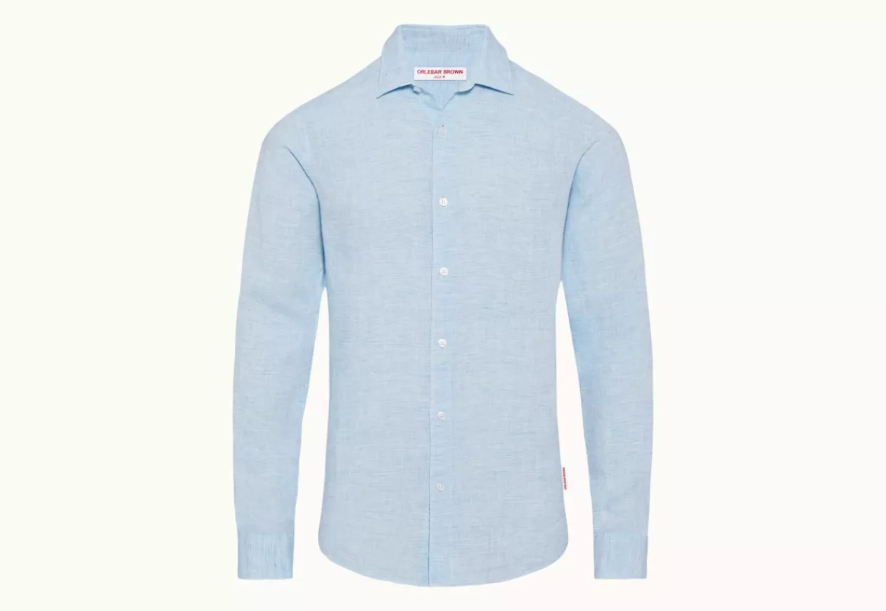 Orlebar Brown Giles Linen Pale Blue White Classic Collar Tailored Fit Linen Shirt 2