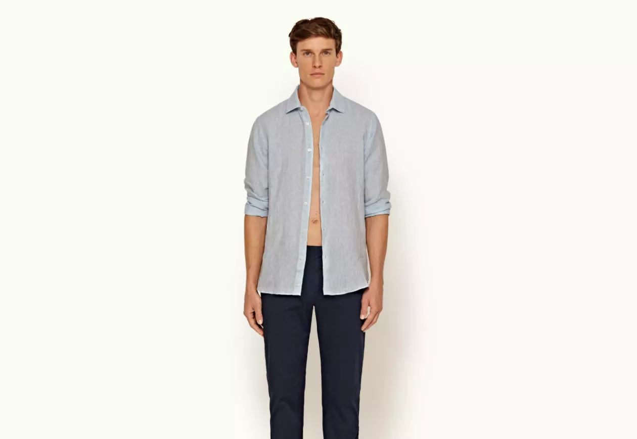 Orlebar Brown Giles Linen Pale Blue White Classic Collar Tailored Fit Linen Shirt 4