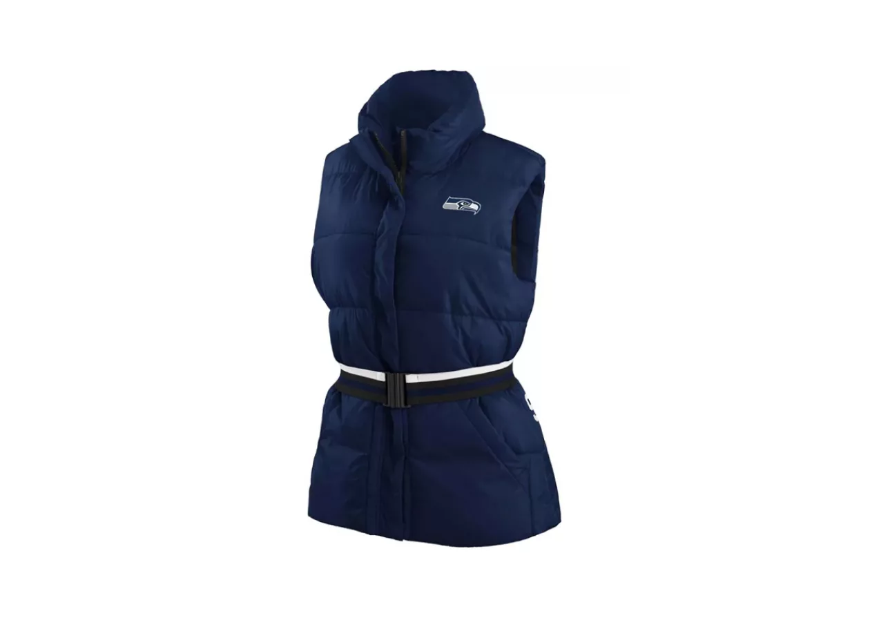 Womens College Navy Seattle Seahawks Full Zip Puffer Vest with Belt by WEAR by Erin Andrews 1