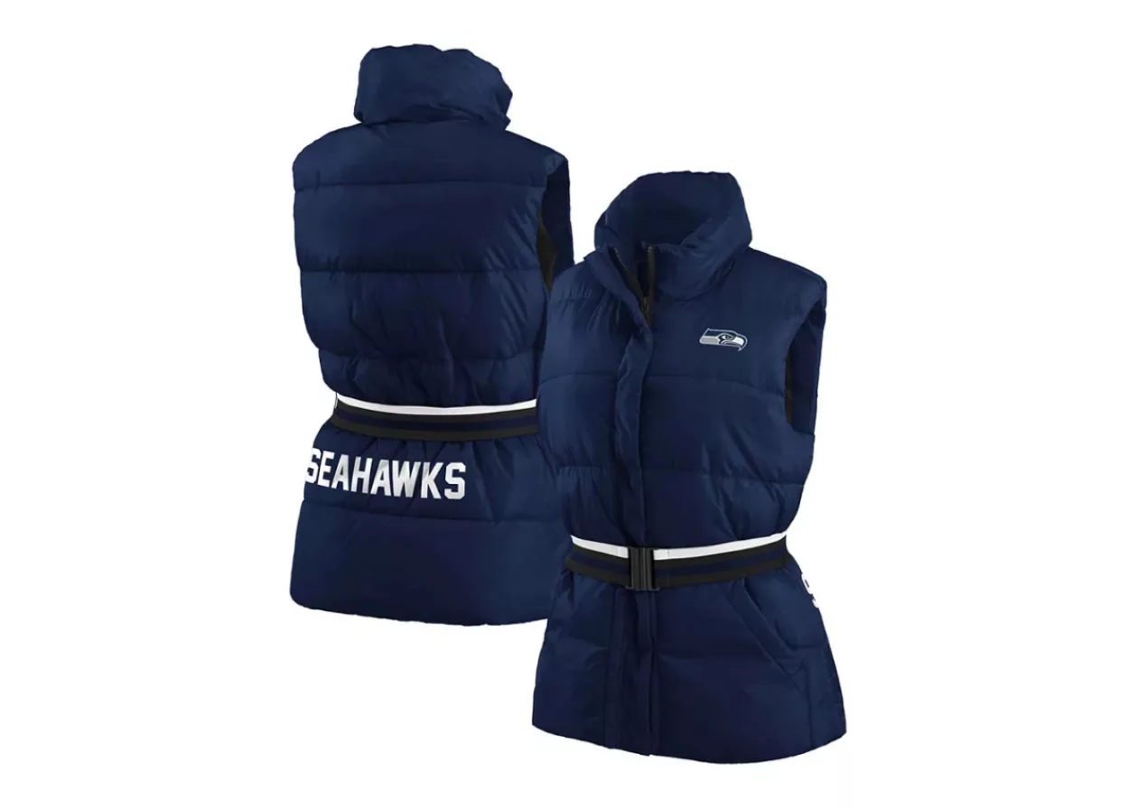 Womens College Navy Seattle Seahawks Full Zip Puffer Vest with Belt by WEAR by Erin Andrews 3