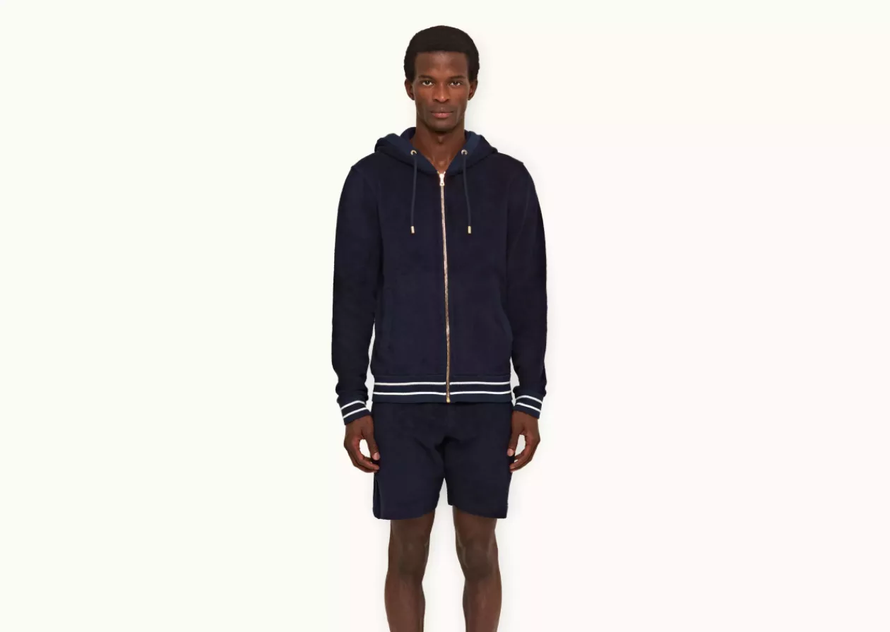 Mathers Classic Blue Zip Thru Double Faced Towelling Hooded Sweatshirt by Orlebar Brown