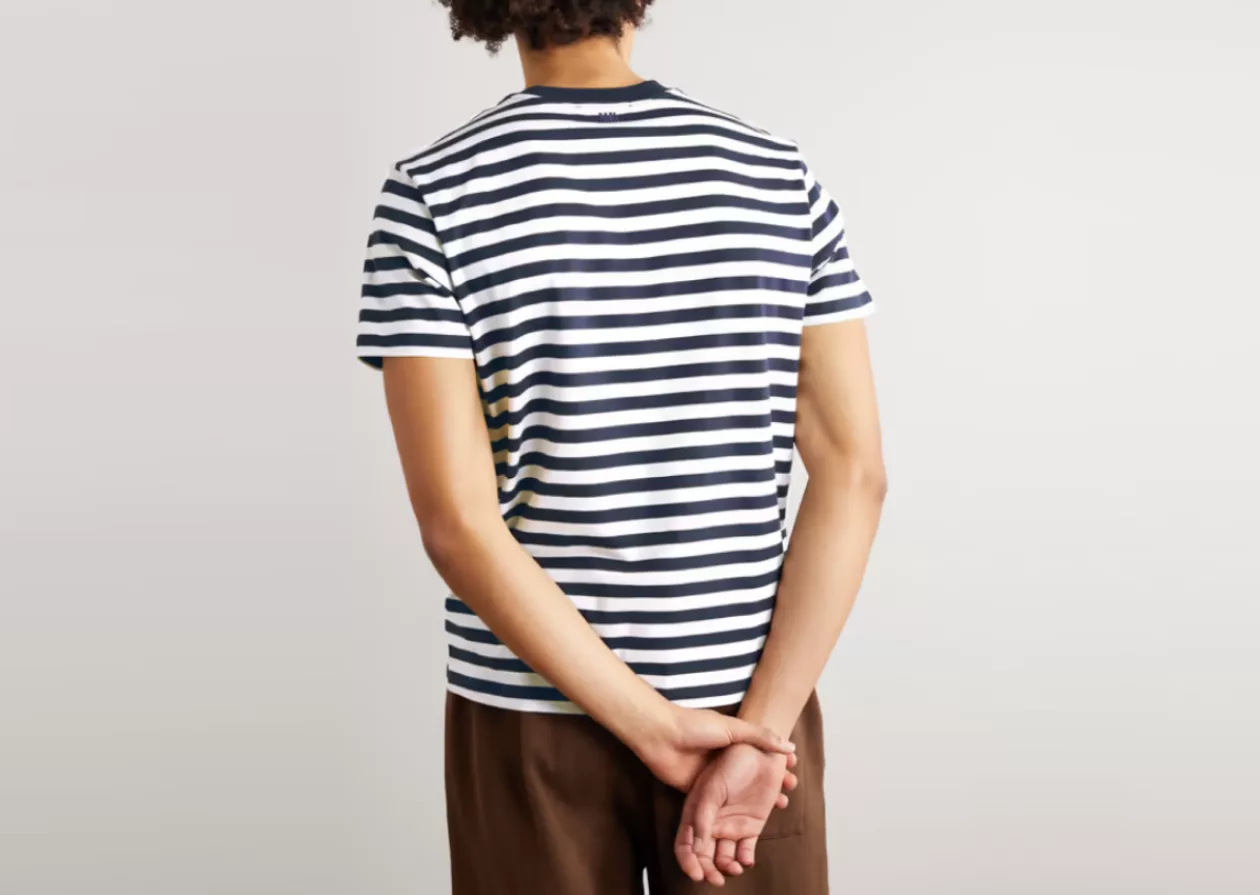 AMI PARIS Logo Embroidered Striped Cotton Jersey T Shirt 1