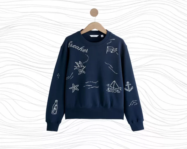 NEXT NAVY EMBROIDERED SEA GRAPHIC SWEATSHIRT