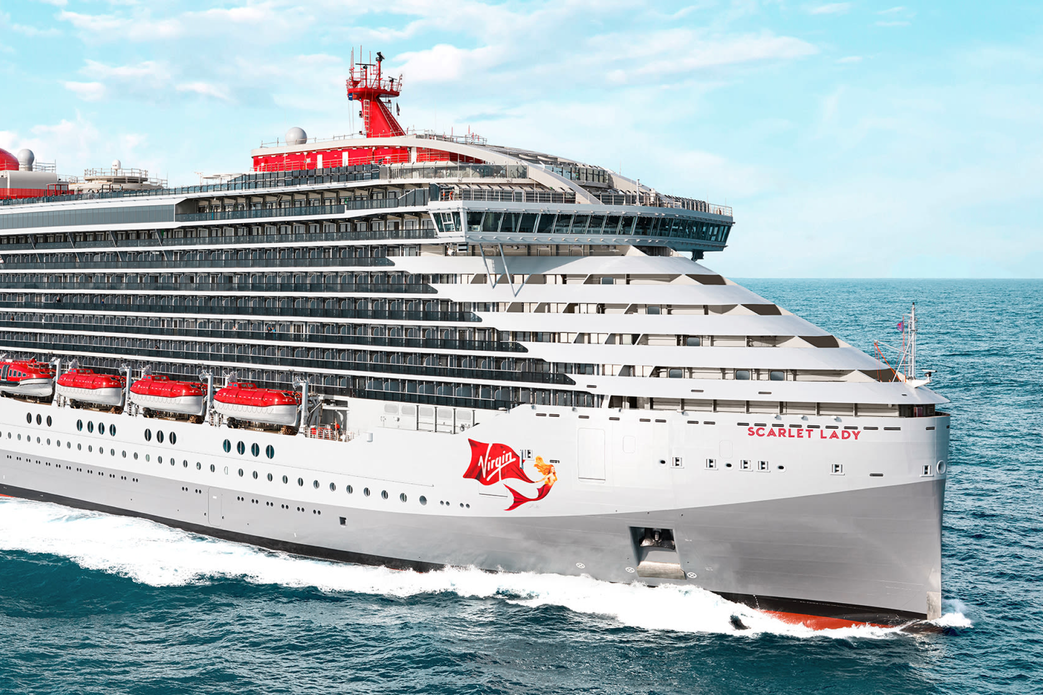 Virgin Voyages Scarlet Lady cruise ship at sea, ranked #1 in the best adults-only cruises for its exclusive 18+ modern experience.
