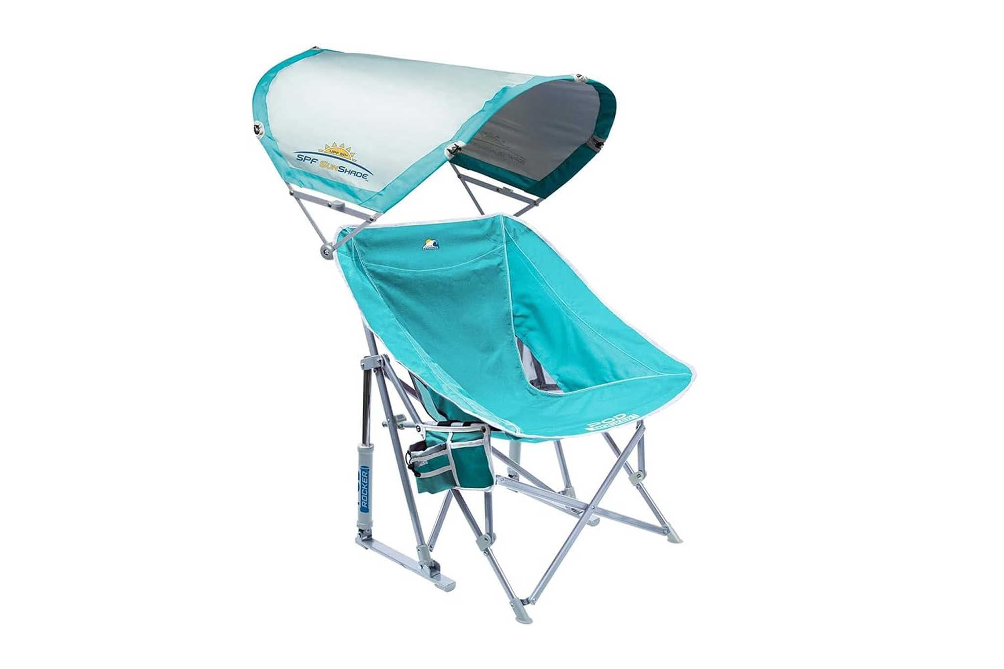 GCI Outdoor Pod Rocker with SunShade in turquoise with UPF 50+ canopy and rocking base — a standout for shade and comfort among the best beach chairs.