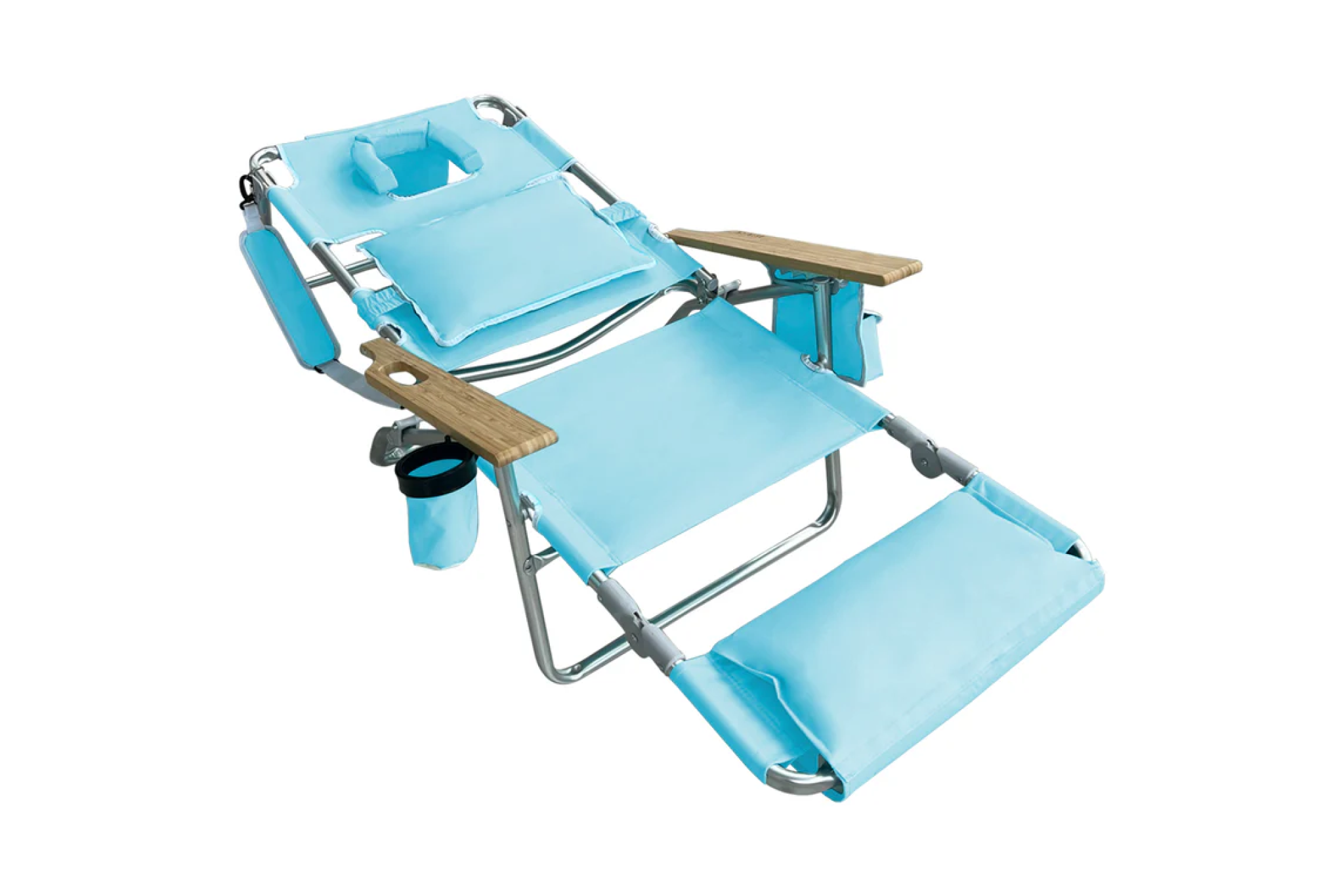 Fully padded, light blue Ostrich Deluxe 3-in-1 Chair with face-down sunbathing support and adjustable straps — one of the best beach chairs for versatile, comfortable lounging.