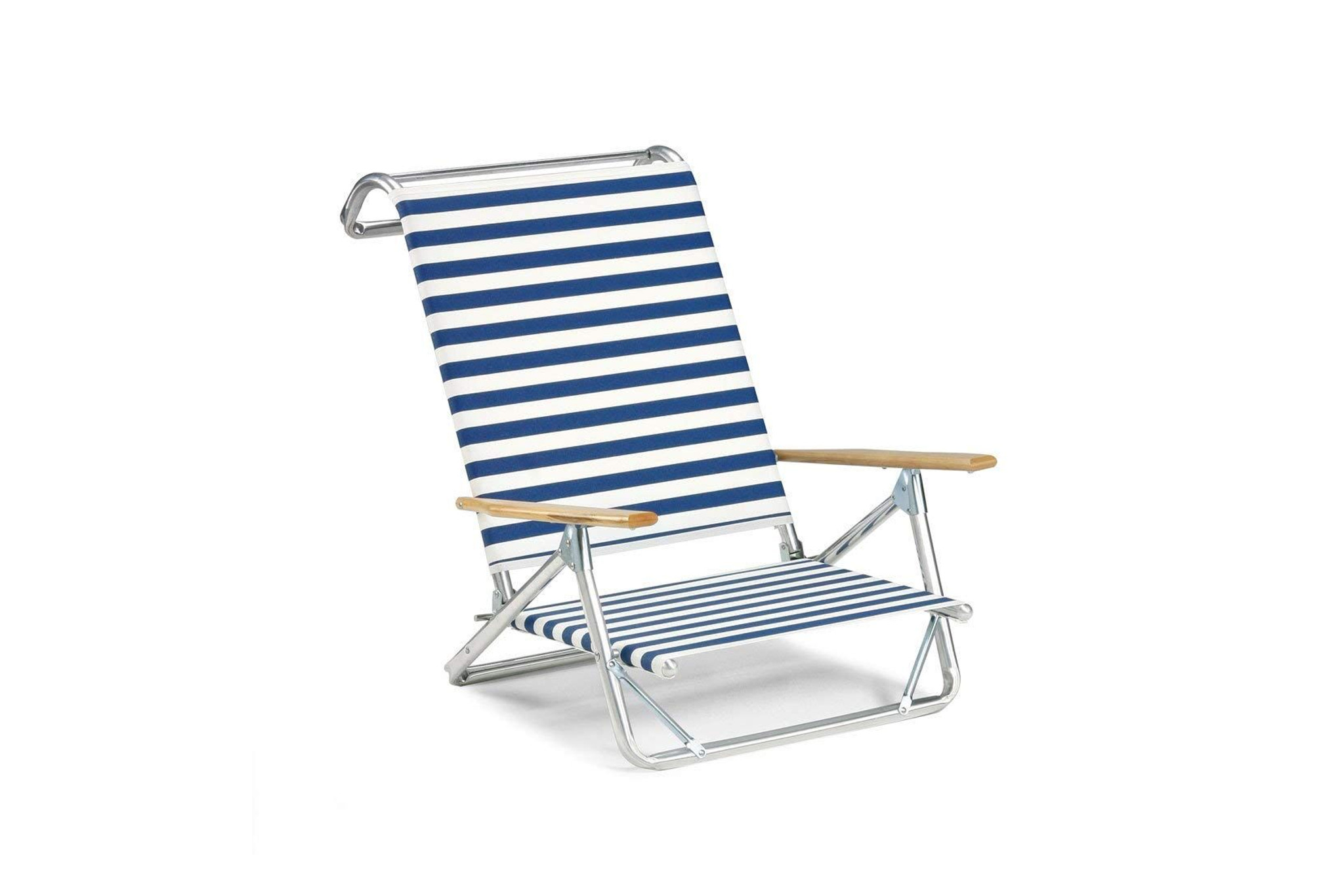 Classic Telescope Casual Mini-Sun Chaise with navy and white stripes and aluminum frame — a durable and adjustable option from the best beach chairs collection.