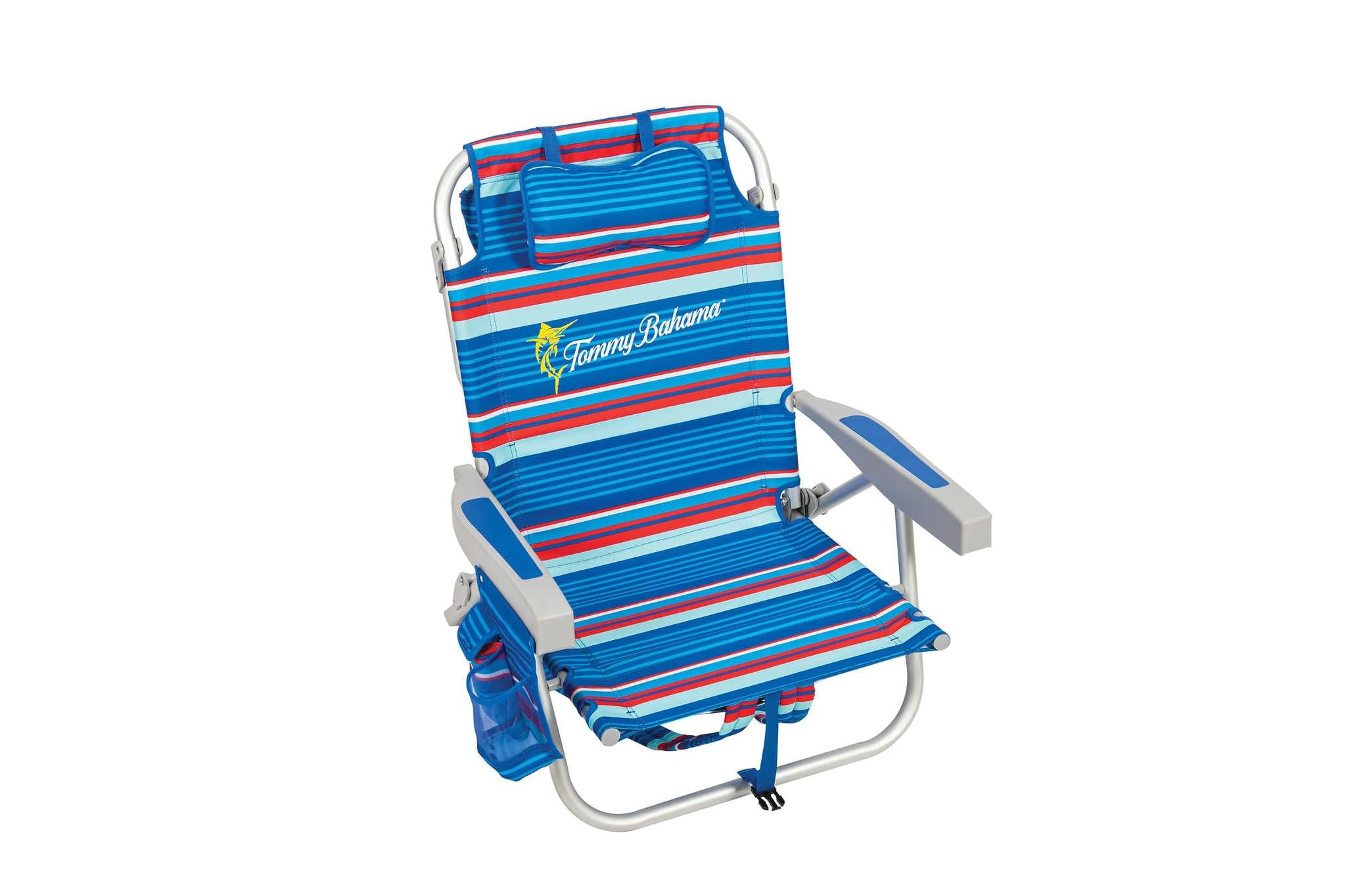 Tommy Bahama Backpack Beach Chair in blue, red, and white stripes with padded headrest, aluminum frame, and built-in cooler pouch — one of the best beach chairs for comfort and portability.