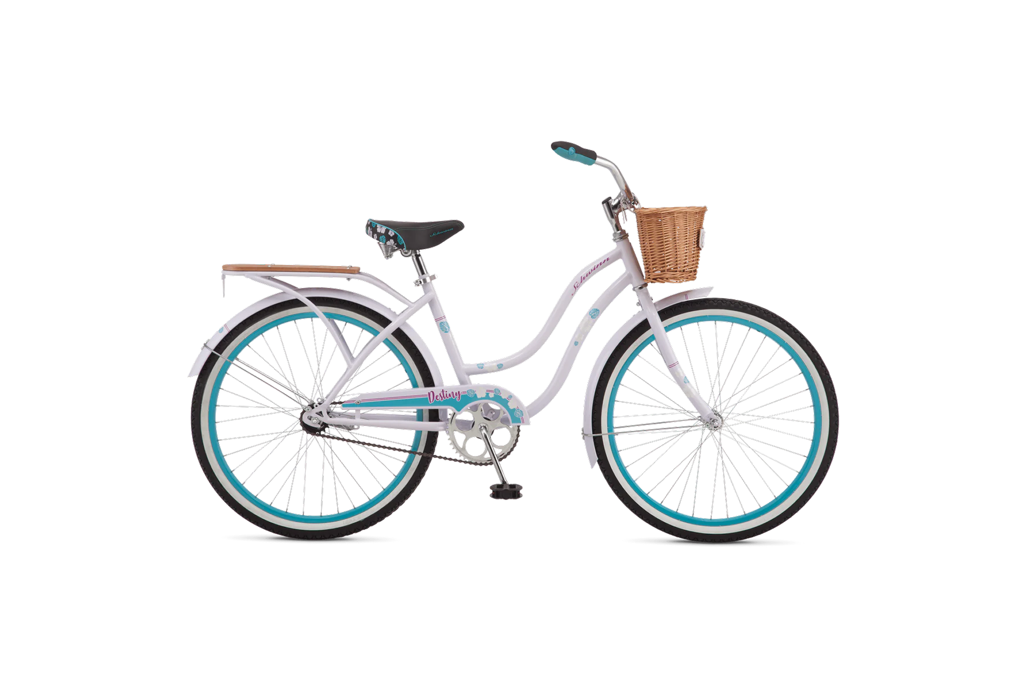 Schwinn Destiny vintage-style white and teal beach cruiser bike with front wicker basket and padded saddle — one of the best beach cruisers for classic boardwalk charm.