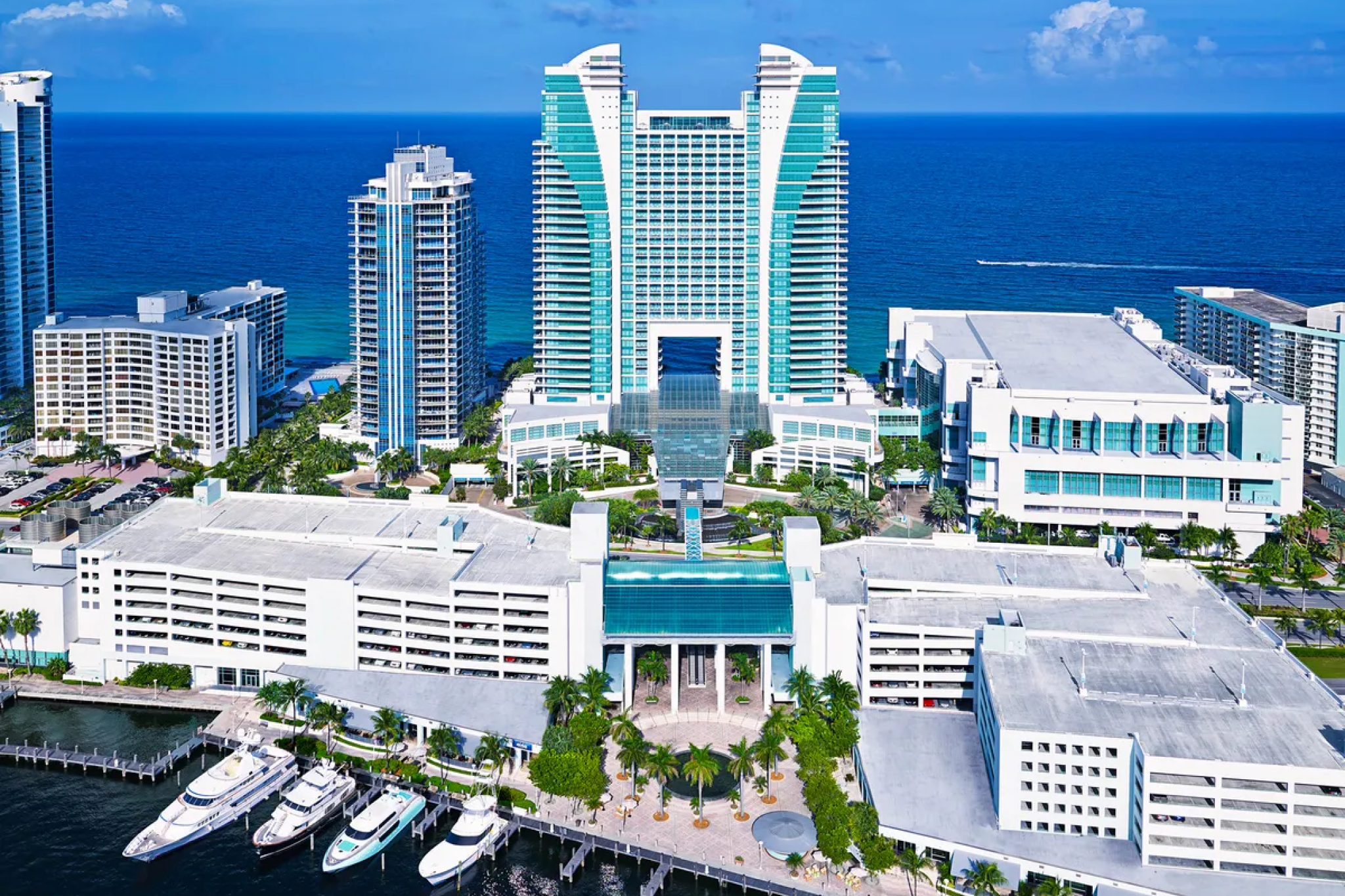Aerial view of The Diplomat Beach Resort in Hollywood, Florida — a large-scale property ranked among the best luxury beach resorts in the United States.