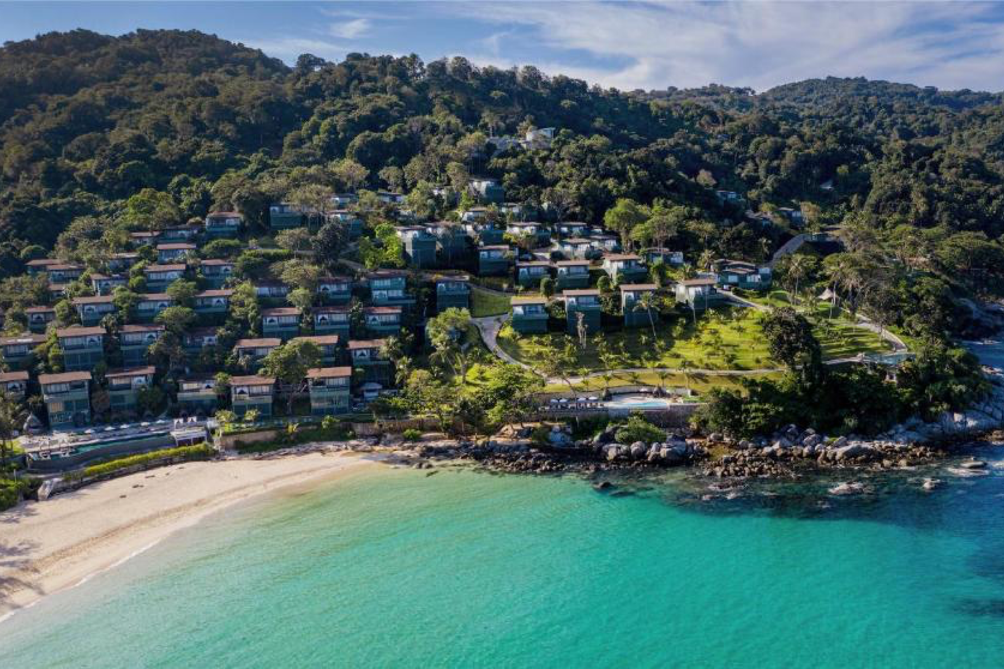 Aerial view of The Shore at Katathani with private villas overlooking Kata Noi Beach — crowning the list of the best beach resorts in Phuket.
