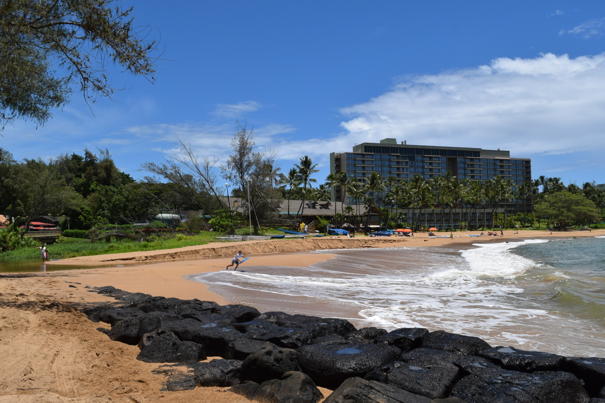 Kalapaki Beach in front of Kauai Beach Resort, with gentle surf and palm-lined sand—considered one of the best beaches in Kauai for accessibility and water sports.