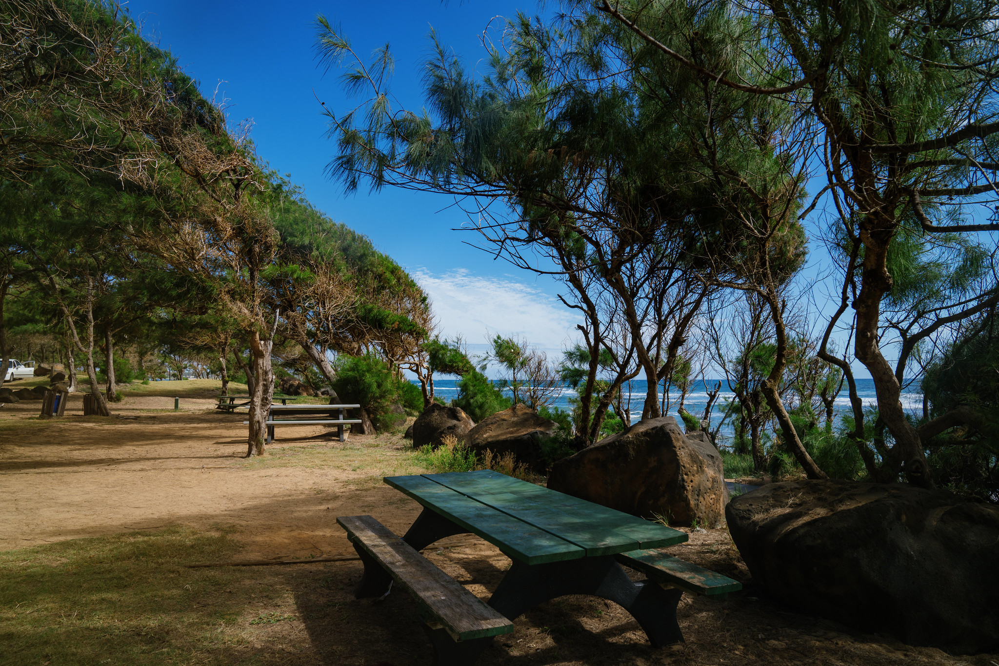 Shaded picnic tables beneath ironwood trees at Lydgate Beach Park—a family-friendly spot ranked among the best beaches in Kauai for safety and amenities.