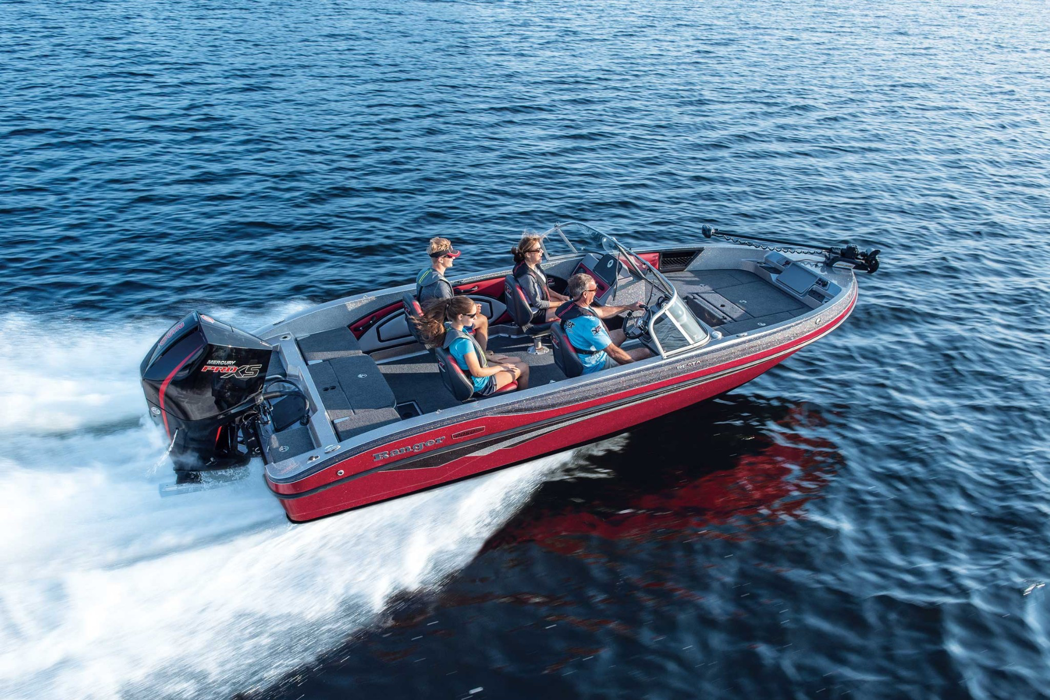 Ranger 2050MS ski and fish boat carrying family across blue water, ranked as one of the best boats for families