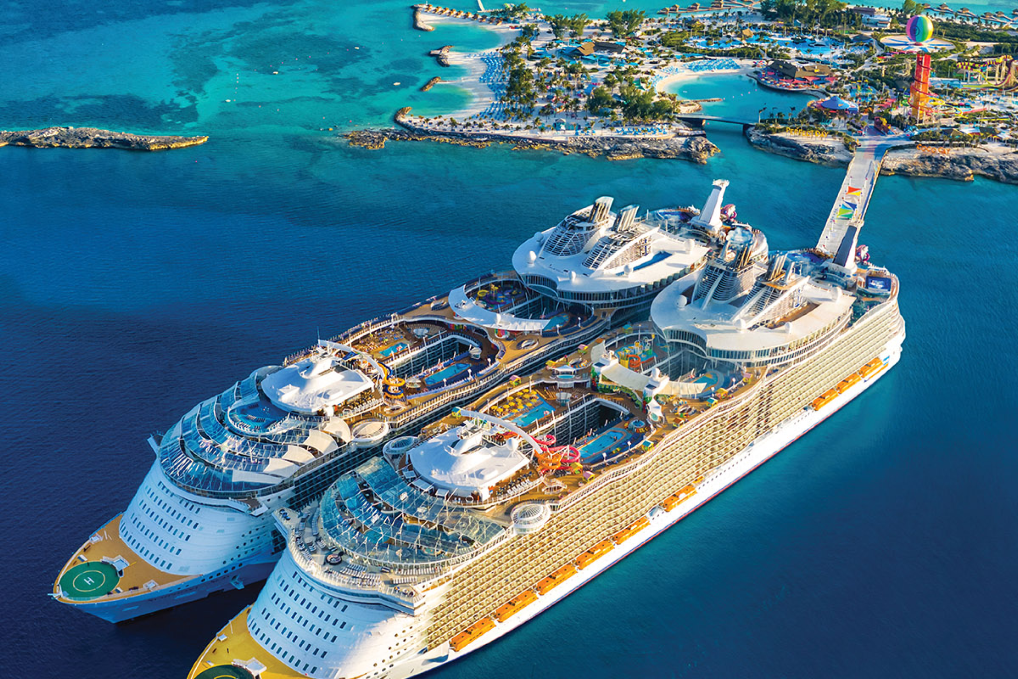 Royal Caribbean cruise ship aerial view at private island, among the best cruise lines for couples wanting adventure and entertainment
