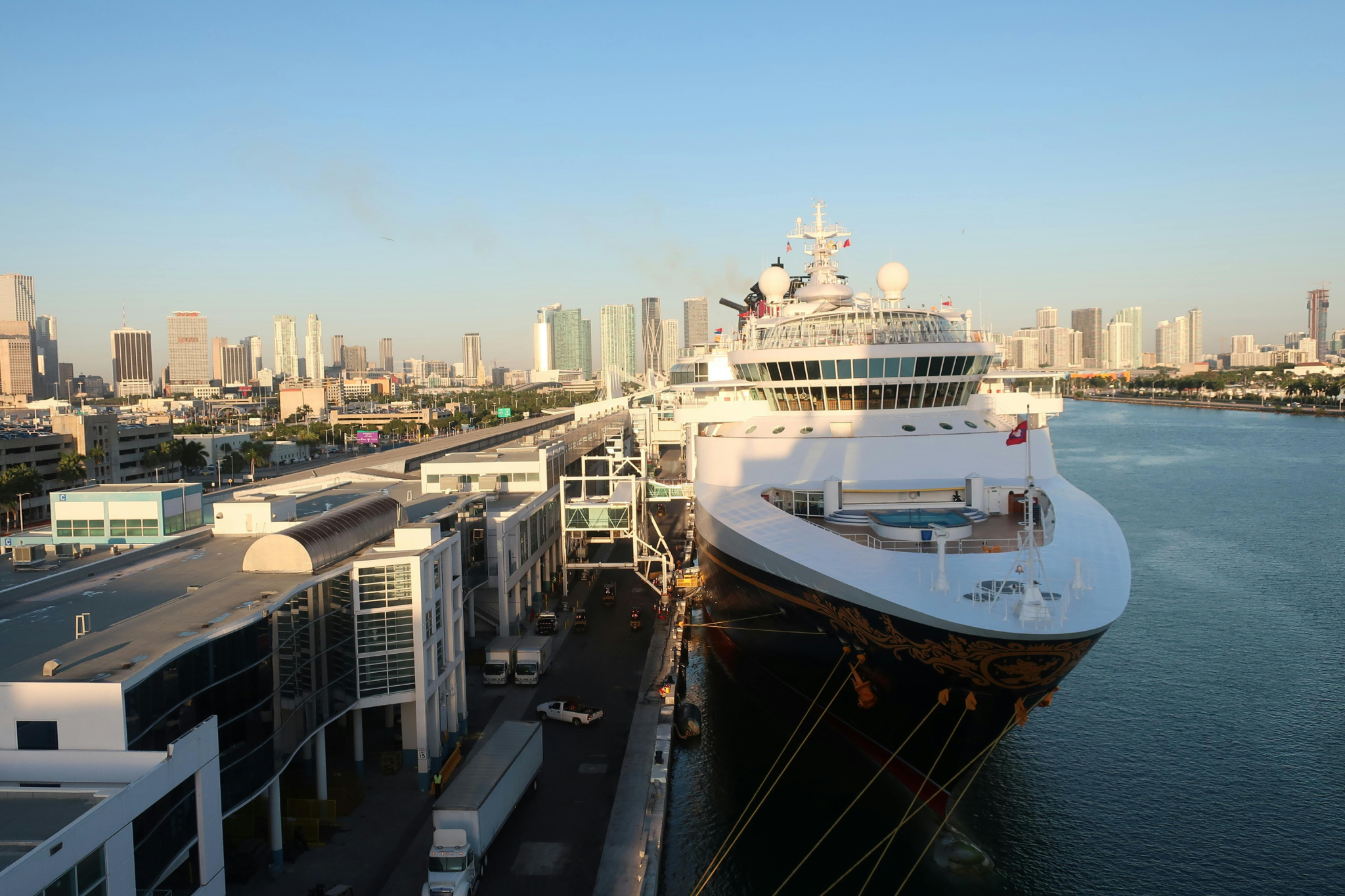 Cruise ship docked in Miami harbor with the city skyline in view, showcasing convenience, vibrant city energy, and easy port access, ranking it among the best cruise ports in 2025.
