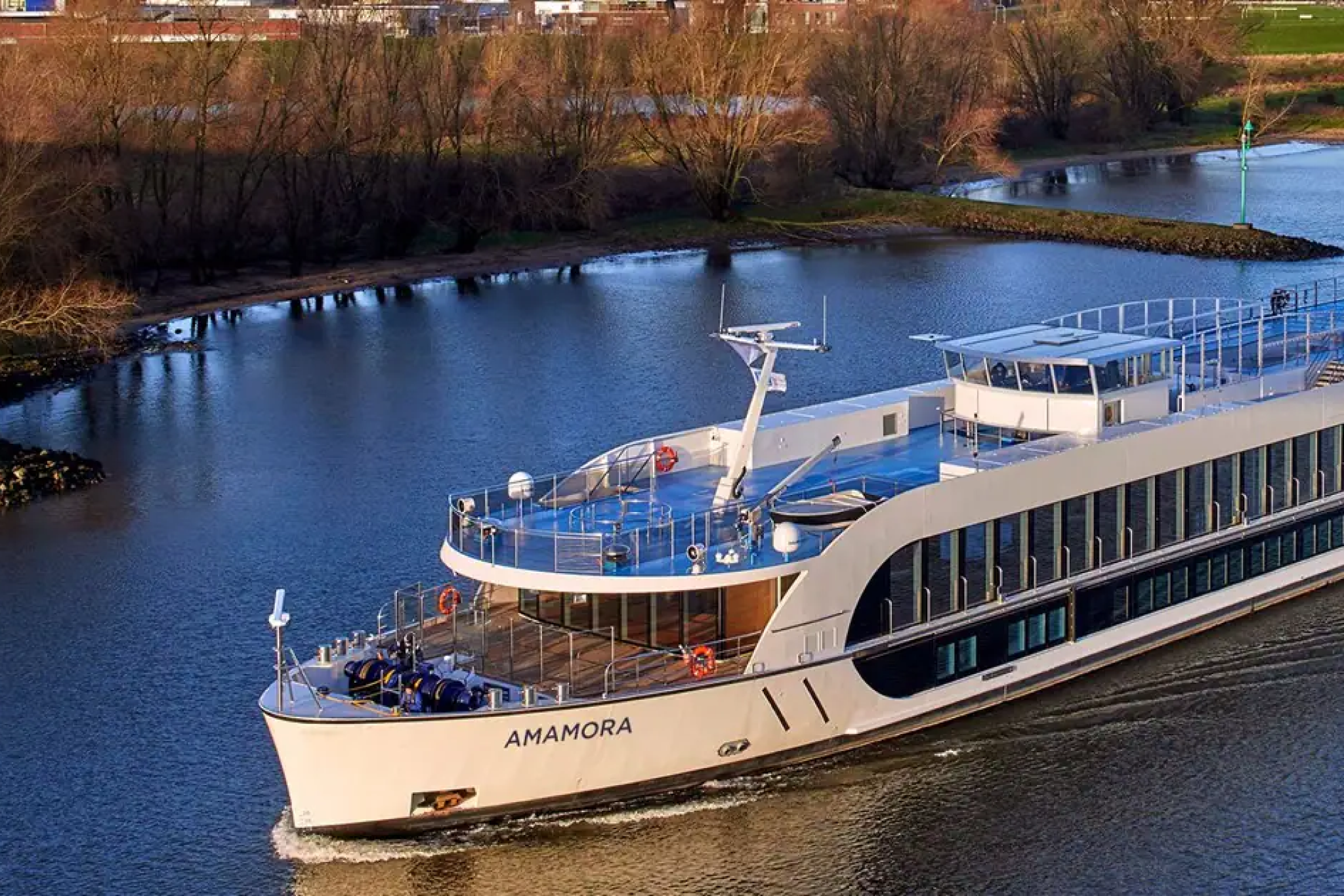 AmaWaterways river ship Amamora cruising through Europe — part of the best cruises for Christmas with festive onboard experiences.