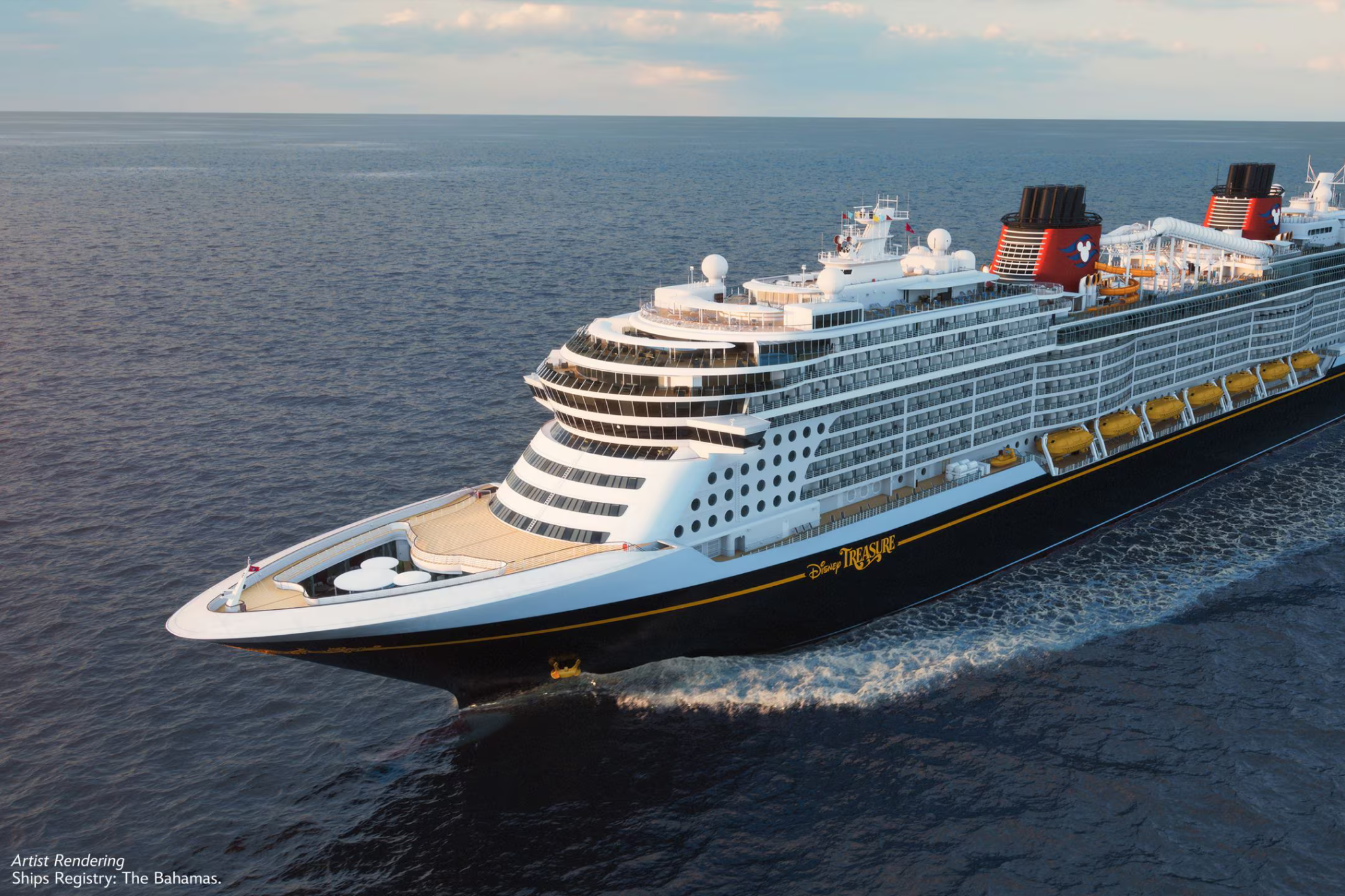 Disney Treasure cruise ship sailing in the Bahamas during sunset — one of the best cruises for Christmas offering magical family celebrations. Royal Caribbean