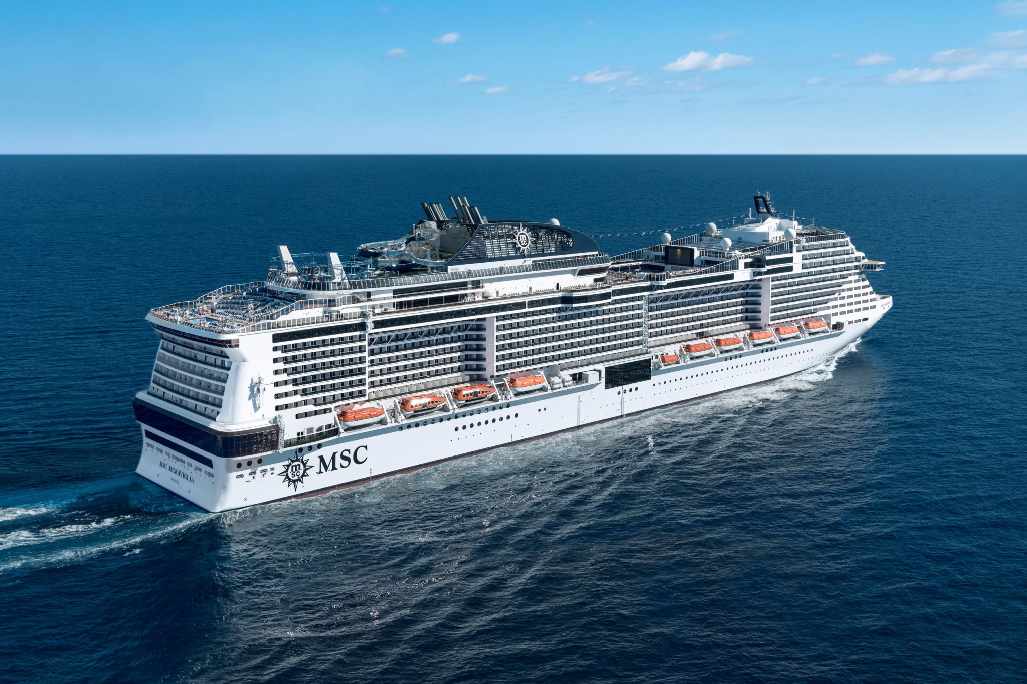 MSC Seascape at sea under bright blue skies — one of the best cruises for Christmas with Mediterranean and Caribbean itineraries.